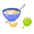 Tasty cornflakes in blue bowl with spoon and green apple and orange. Royalty Free Stock Photo