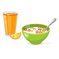 Tasty cornflakes in green bowl with spoon and orange and orange juice. Royalty Free Stock Photo