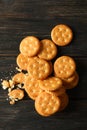 Tasty cracker biscuits on wooden background, top view Royalty Free Stock Photo
