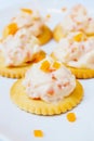 Tasty crackers with cream cheese,carrot.Healthy snacks, on dish Royalty Free Stock Photo