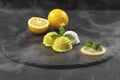 Tasty creamy and lemon ice cream decorated with mint served in smoke on a stone slate over a black background. Royalty Free Stock Photo