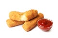 Tasty crispy cheese sticks with sauce on background