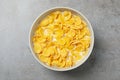 Tasty crispy corn flakes with milk on light grey table