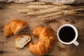 Tasty croissant and coffee still life rustic