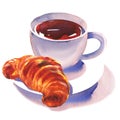 Tasty croissant and cup of tea, breakfast concept, isolated, hot drink and bakery, aroma black tea and dessert, hand