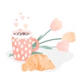 Tasty croissant, hot cocoa or chocolate drink and a bouquet of tulips. Vector illustration, good morning concept or Royalty Free Stock Photo