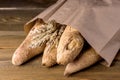 Tasty Crusty Baguettes Craft Bag Wooden Background Tasty Homemade Bread Horizontal Royalty Free Stock Photo