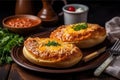 Tasty crusty Hungarian langos served with sour cream, grated cheese and ham and corn with herbs. Generative Ai