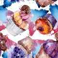 Tasty cupcake and dessert in a watercolor style. Watercolour illustration set. Seamless background pattern.