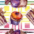 Tasty cupcake and dessert in a watercolor style. Watercolour illustration set. Seamless background pattern.