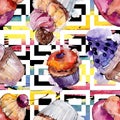 Tasty cupcake and dessert in a watercolor style. Watercolour illustration set. Seamless background pattern.