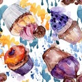 Tasty cupcake and dessert in a watercolor style. Watercolour illustration set. Seamless background pattern.