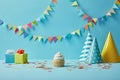 Tasty cupcake, party hats, confetti and gifts on blue background