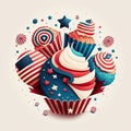 Tasty cupcakes in blue, white and red colors of American flag, AI generative illustration. Independence day, July 4 sweet snacks. Royalty Free Stock Photo