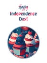 Tasty cupcakes in blue, white and red colors of American flag. Greeting caption on white background, Happy Independence day! AI Royalty Free Stock Photo