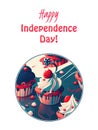 Tasty cupcakes in blue, white and red colors of American flag. Greeting caption on white background, Happy Independence day! AI Royalty Free Stock Photo