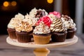 Tasty cupcakes on stand. Generative AI