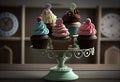 Tasty cupcakes on stand illustration. AI generative