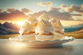 Tasty cupcakes on a white plate in the morning mountains. Generative ai