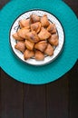 Tasty curd cheese cookies on a plate. Goose foot cookies. Homemade cakes for breakfast. Copy space. The top view