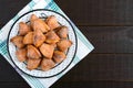 Tasty curd cheese cookies on a plate. Goose foot cookies. Homemade cakes for breakfast. Copy space. The top view