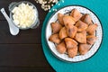 Tasty curd cheese cookies on a plate. Goose foot cookies. Homemade cakes for breakfast. The top view