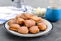 Tasty curd cheese cookies on a plate. Goose foot cookies. Homemade cakes and coffee for breakfast