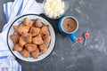 Tasty curd cheese cookies on a plate. Goose foot cookies. Homemade cakes and coffee for breakfast