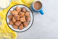 Tasty curd cheese cookies on a plate. Goose foot cookies. Homemade cakes and coffee for breakfast