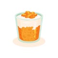 Tasty curd dessert with persimmon in glass. Delicious homemade food. Tasty eating. Flat vector element for recipe book