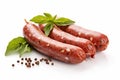 Tasty cut homemade sausage garlic peppercorns on white background. Generate Ai