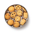 Tasty danish butter cookies in a tin isolated on a white background. Set of crispy shortbread biscuits in an open container cutout Royalty Free Stock Photo