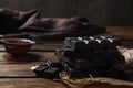 Tasty dark chocolate bars on table Royalty Free Stock Photo