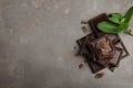 Tasty dark chocolate pieces with mint on grey table, flat lay. Space for text Royalty Free Stock Photo