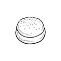 Tasty delicious fresh burger bun with sesame in black isolated on white background. Hand drawn vector sketch illustration in Royalty Free Stock Photo