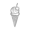 Tasty delicious icecream ball in waffle cone with crunchies in black isolated on white background. Hand drawn vector sketch Royalty Free Stock Photo