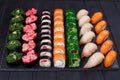 Tasty delicious multicolored appetizing nigiri sushi and rolls s Royalty Free Stock Photo