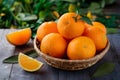 Tasty and delicious orange fruit in basket, fresh healthy produce photo