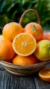 Tasty and delicious orange fruit in basket, fresh healthy produce photo