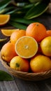 Tasty and delicious orange fruit in basket, fresh healthy produce photo