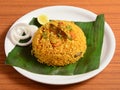 Tasty and delicious Prawns biryani served in a banana leaf, selective focus Royalty Free Stock Photo