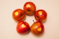 Tasty delicious red and green apples in a circular array. Apples have a heart on them, good as a valentines present or concept of