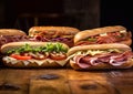 Tasty delicious sub sandwiches with ham,cheese,pork,beef,turkey breast and various sauces and vegetables on table.Macro.AI Royalty Free Stock Photo