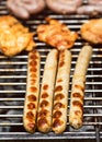 Tasty and delicious traditional German sausages and steaks over the hot coals. Barbecue BBQ or summer garden party concept. Royalty Free Stock Photo