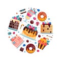 Tasty Dessert with Cake and Sweet Donut with Chocolate Vector Circle Arrangement