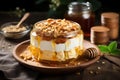 Tasty dessert with oat flakes and honey jar on wooden table. Generate Ai Royalty Free Stock Photo