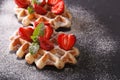 Tasty dessert: waffles with fresh strawberries, powdered sugar o Royalty Free Stock Photo