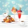 Tasty desserts in cafe, vector illustration. Sweet Belgian waffles, glass with colorful ice cream and cup of coffee Royalty Free Stock Photo