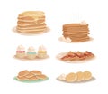 Tasty Desserts with Cupcake with Whipped Cream and Pile of Pancakes on Plate Vector Set