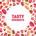 Tasty Desserts Round Frame with Sweets, Confectionery, Candy Shop Banner Template Vector Illustration Royalty Free Stock Photo